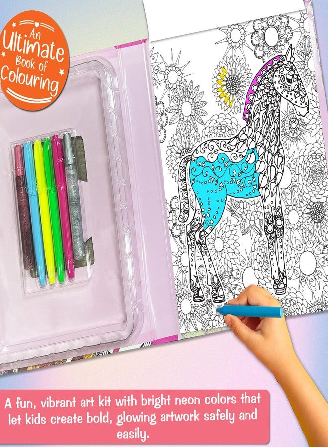 BRIJBASI Hello Friend Unicorns Colouring Combo Kit with 4 Neon Pens & 2 Glitter Tubes + 32 Pages Colouring Pad, 4+ yrs. - Image 4